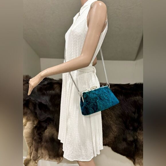 Peacock Blue Handmade Real Shearling Push Lock Clutch/Shoulder Bag/Crossbody - Picture 10 of 16
